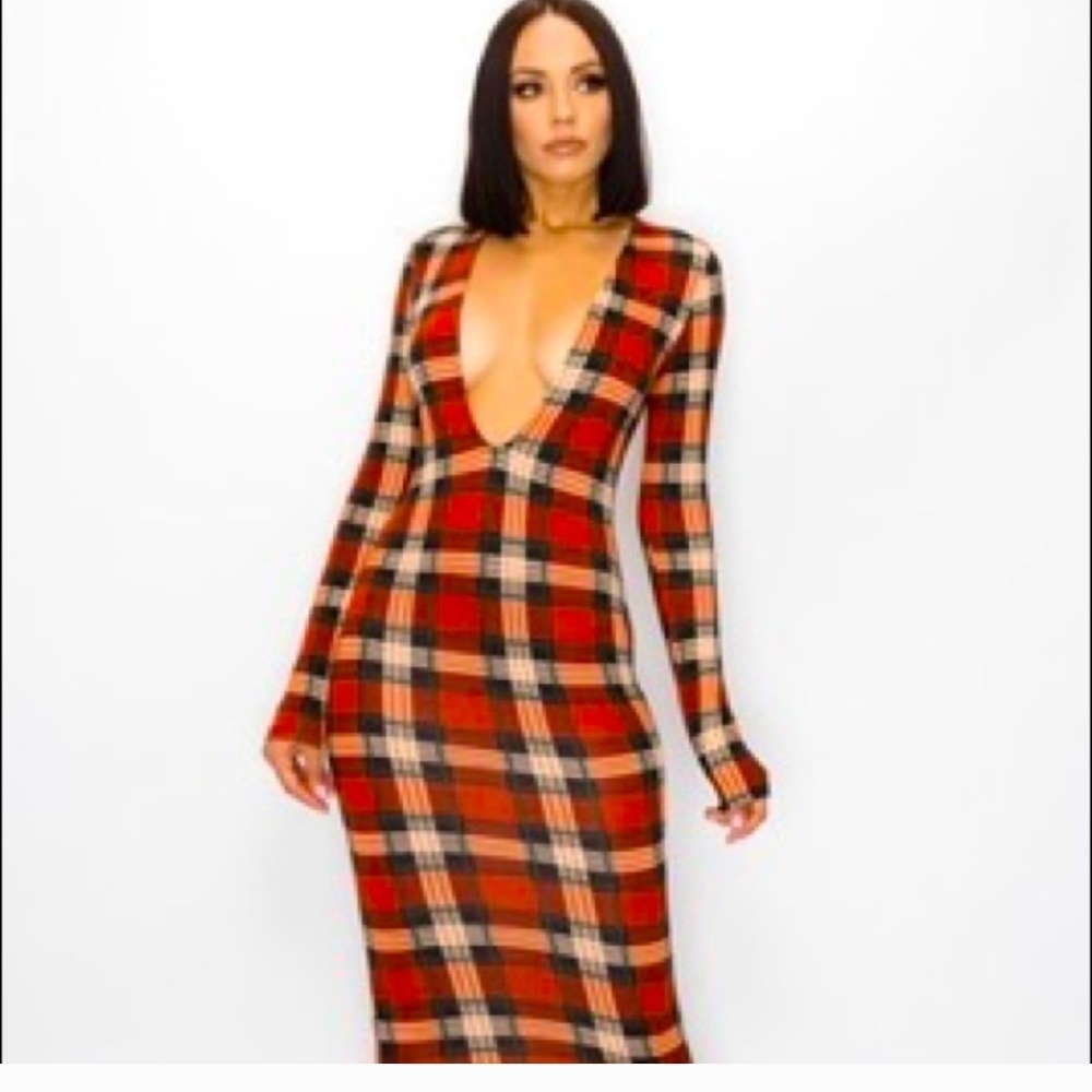 Touch Doll Plaid Long Sleeve Pencil Dress